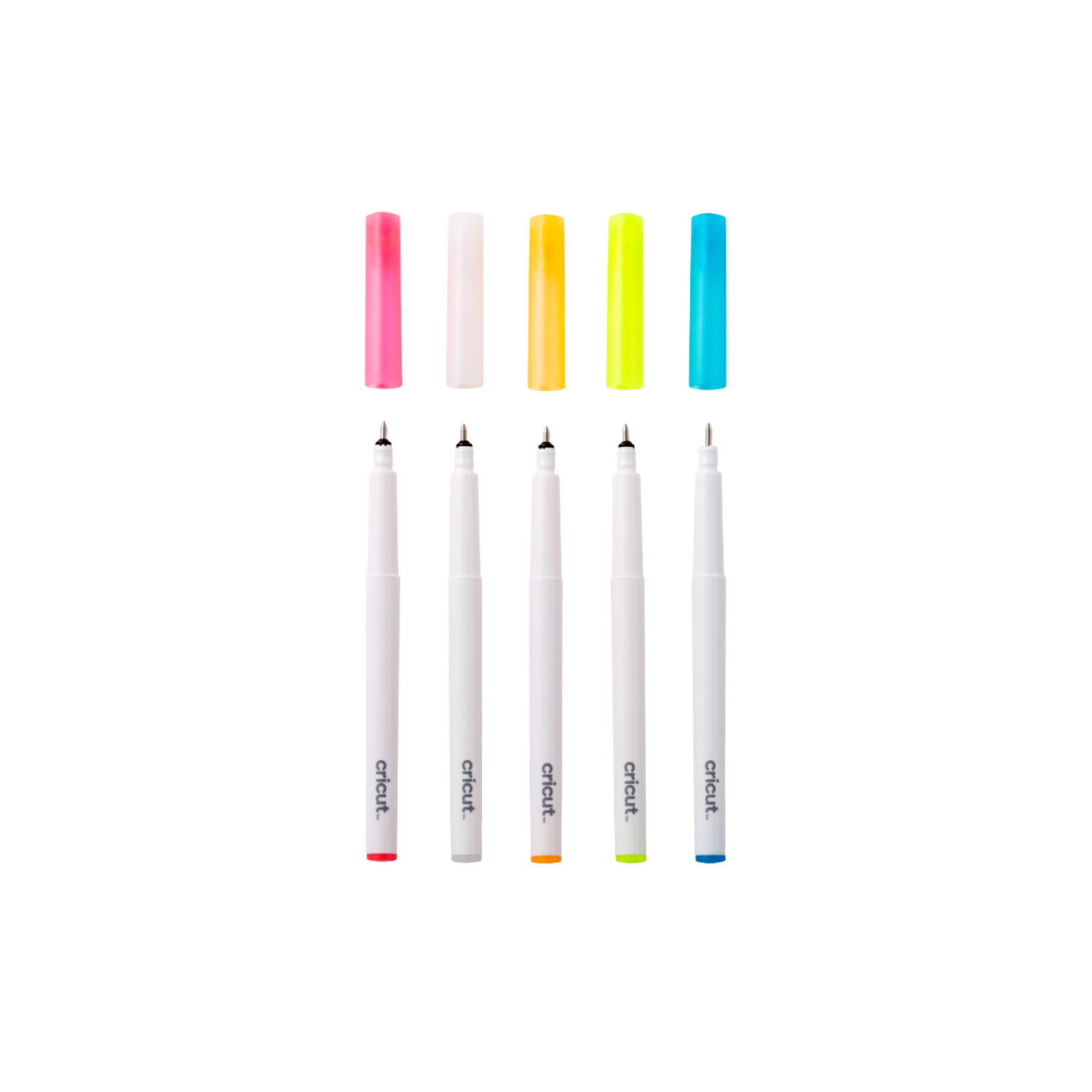 A set of colorful markers with their caps arranged above them.