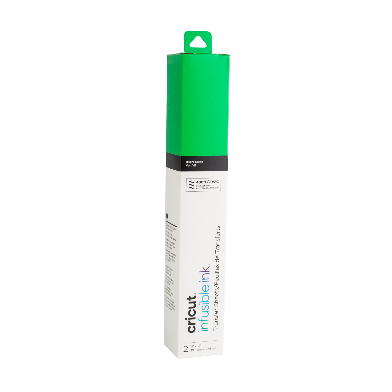 Een groene doos Cricut Infusible Ink transfervellen. De doos is lang en rechthoekig.