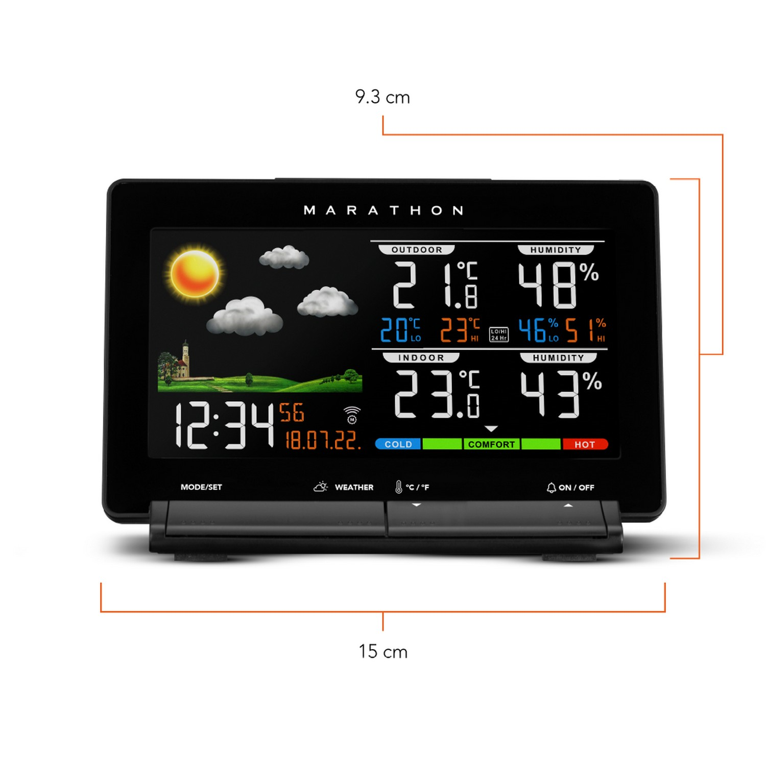 A black Marathon weather station displaying outdoor, indoor, and humidity readings.