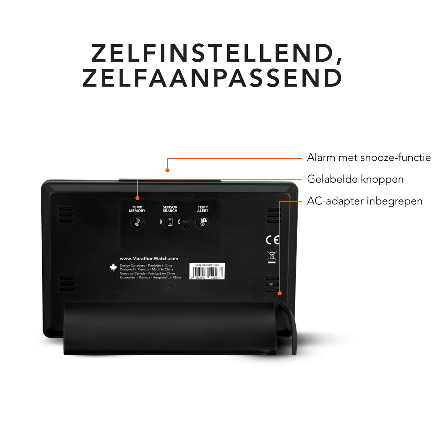 Black digital clock with label text and annotations. Alarm, buttons, and AC adapter info are shown.