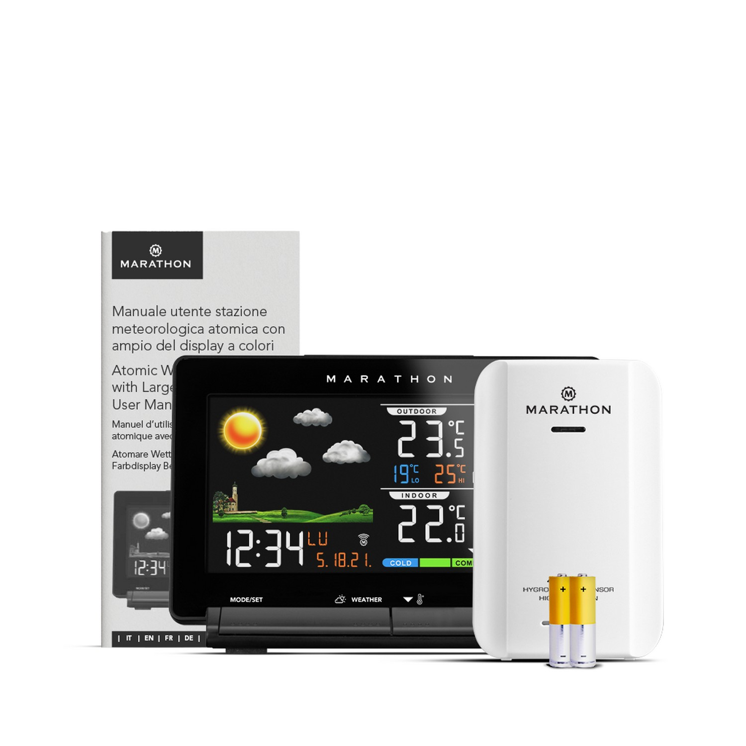 A weather station set with a digital display and a white sensor unit, with text.
