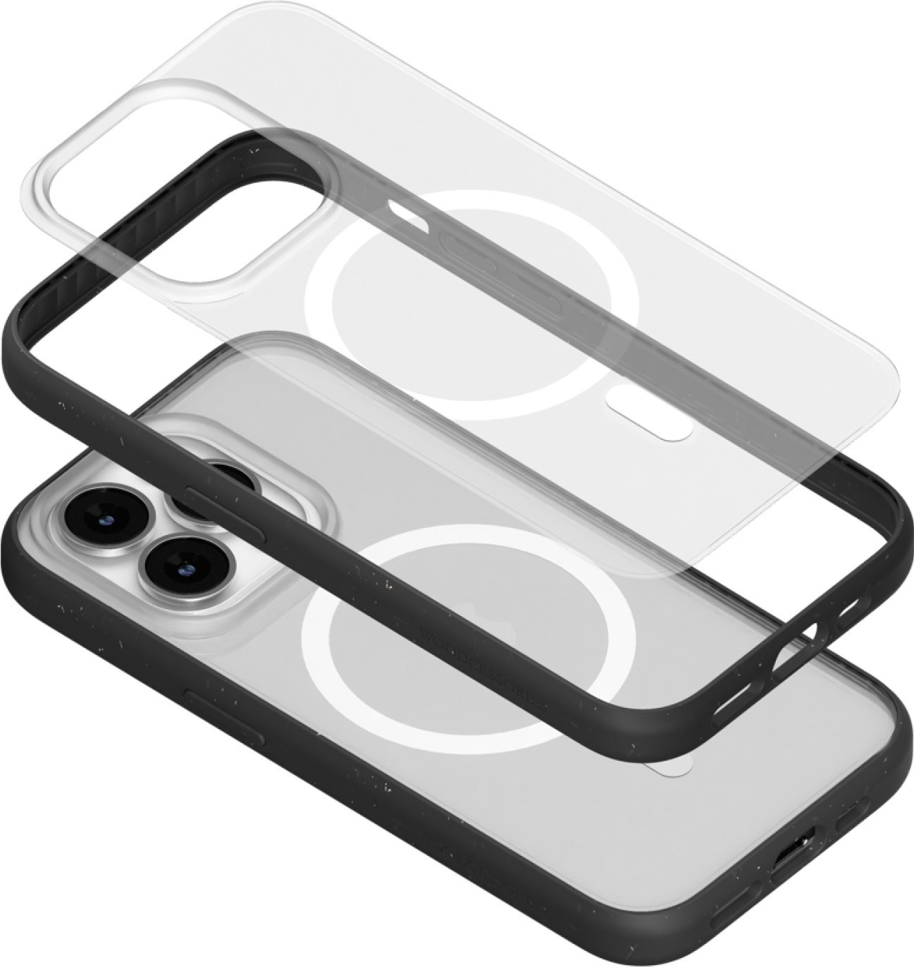 Transparente Handyhülle mit schwarzem Rahmen, die auf einem Handy sitzt.