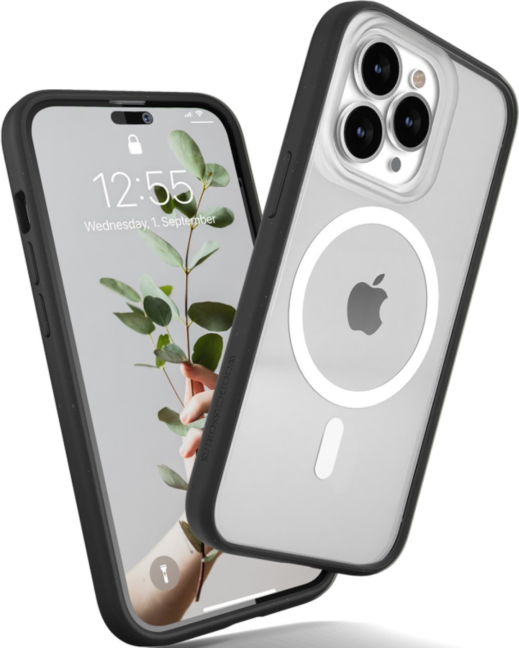Zwei iPhones mit schwarzen Hüllen, eines mit klarem Rücken und Apple-Logo.