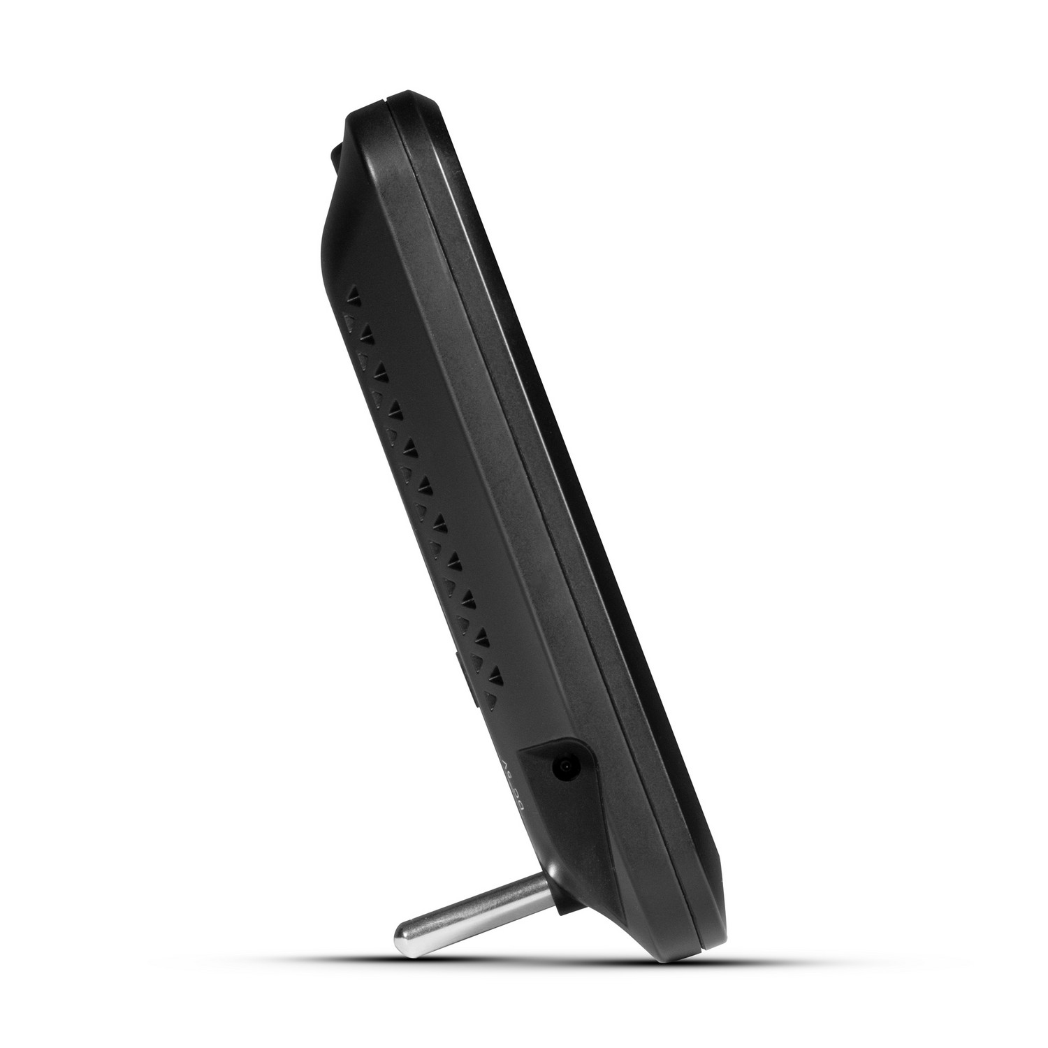 Black device, side view, with a stand. Shows a modern design.