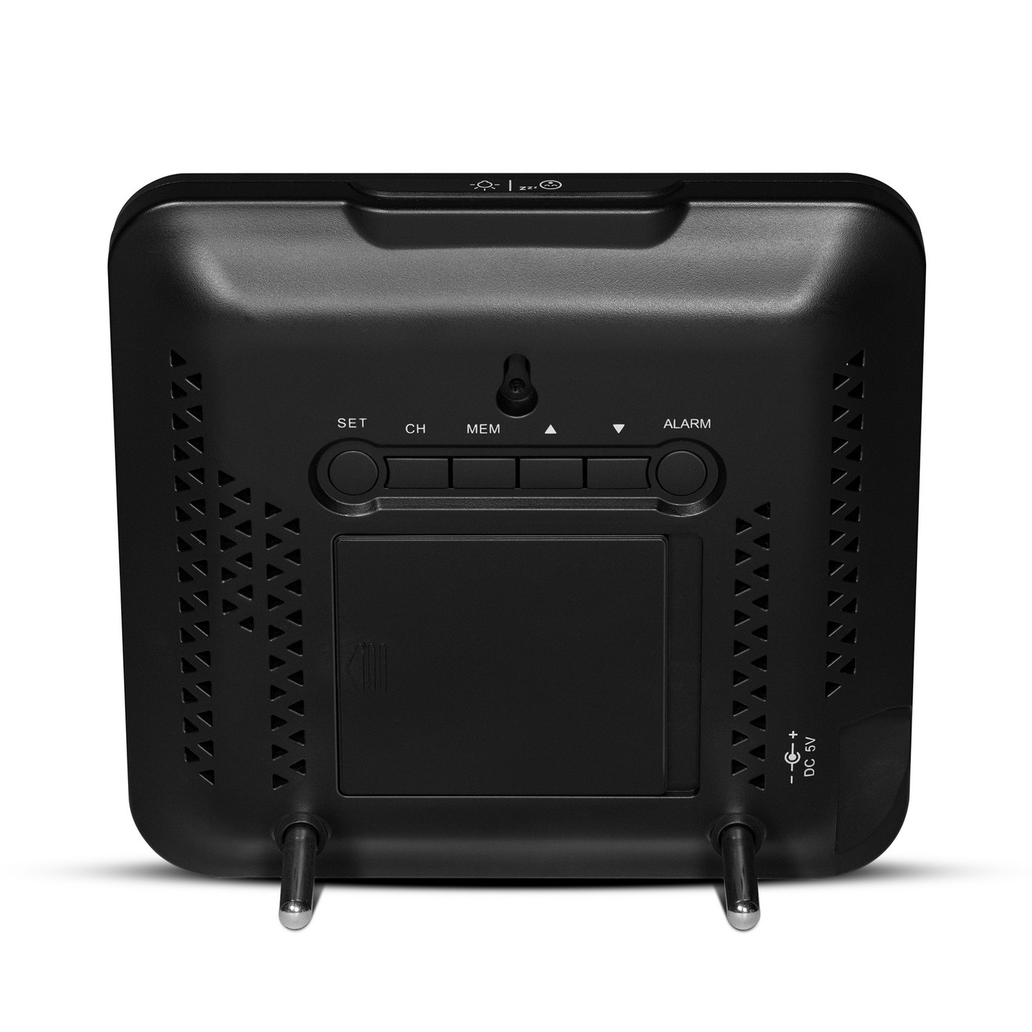 Black alarm clock back. Text and buttons are on the back of the clock.