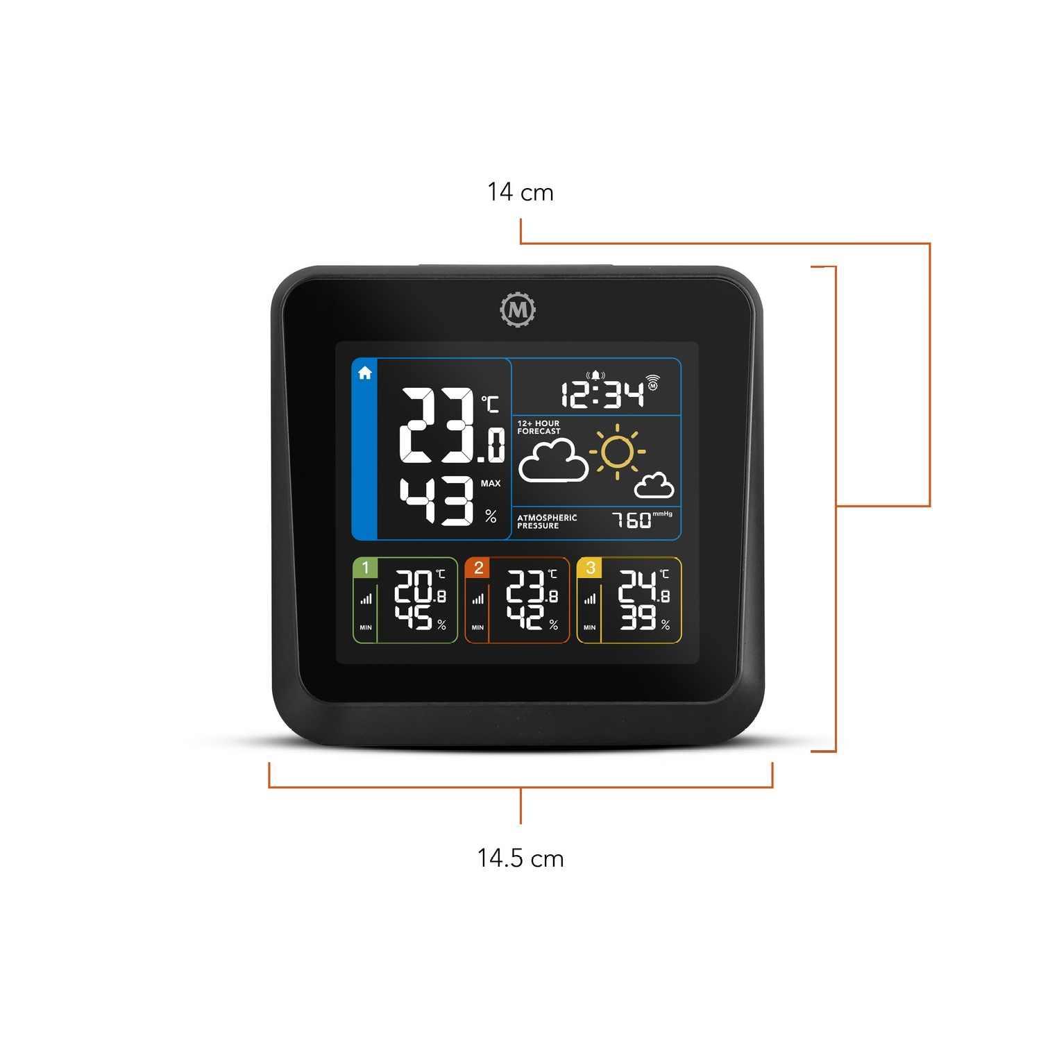 A black weather station displays temperature, humidity, weather icons, and time, with dimensions labeled.