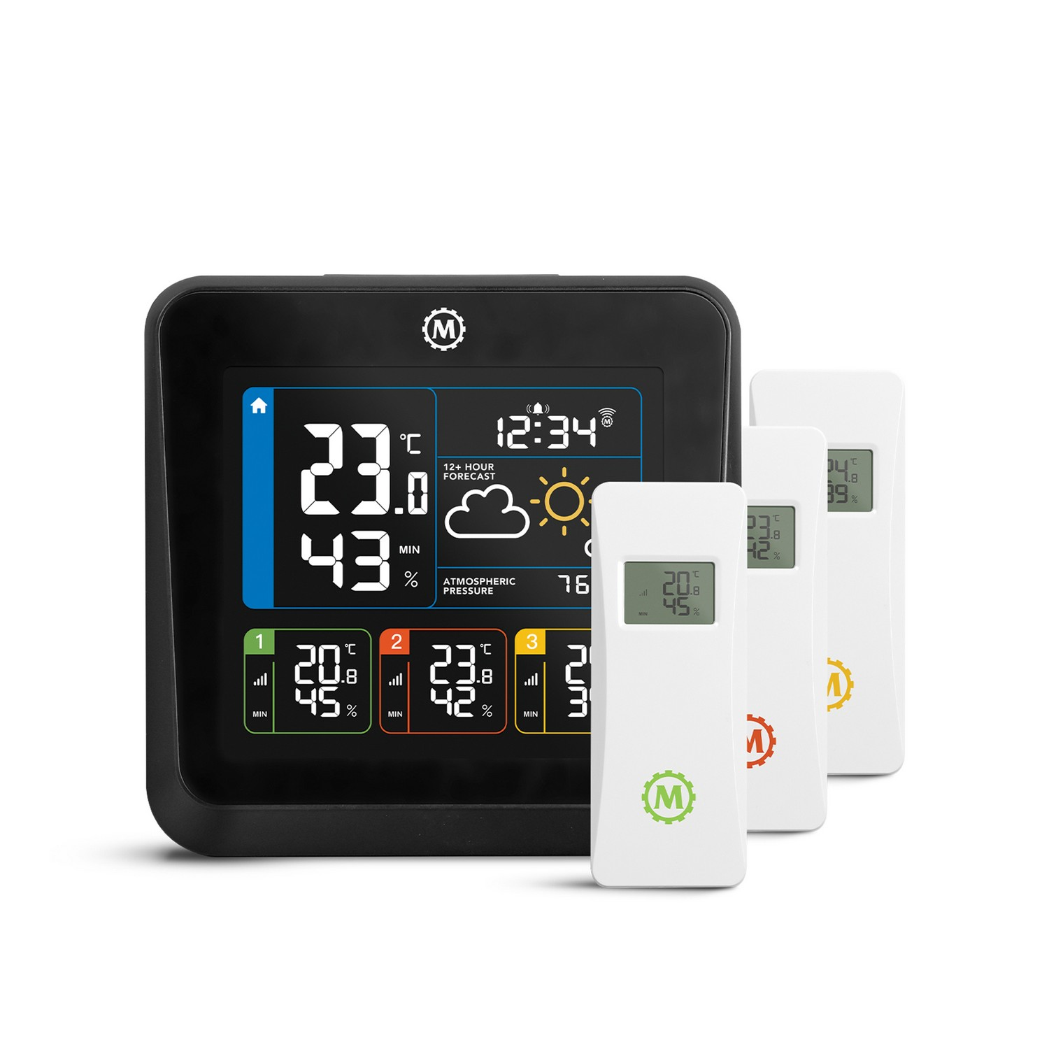 A black weather station with three white wireless sensors. The main unit displays temperature and other information.