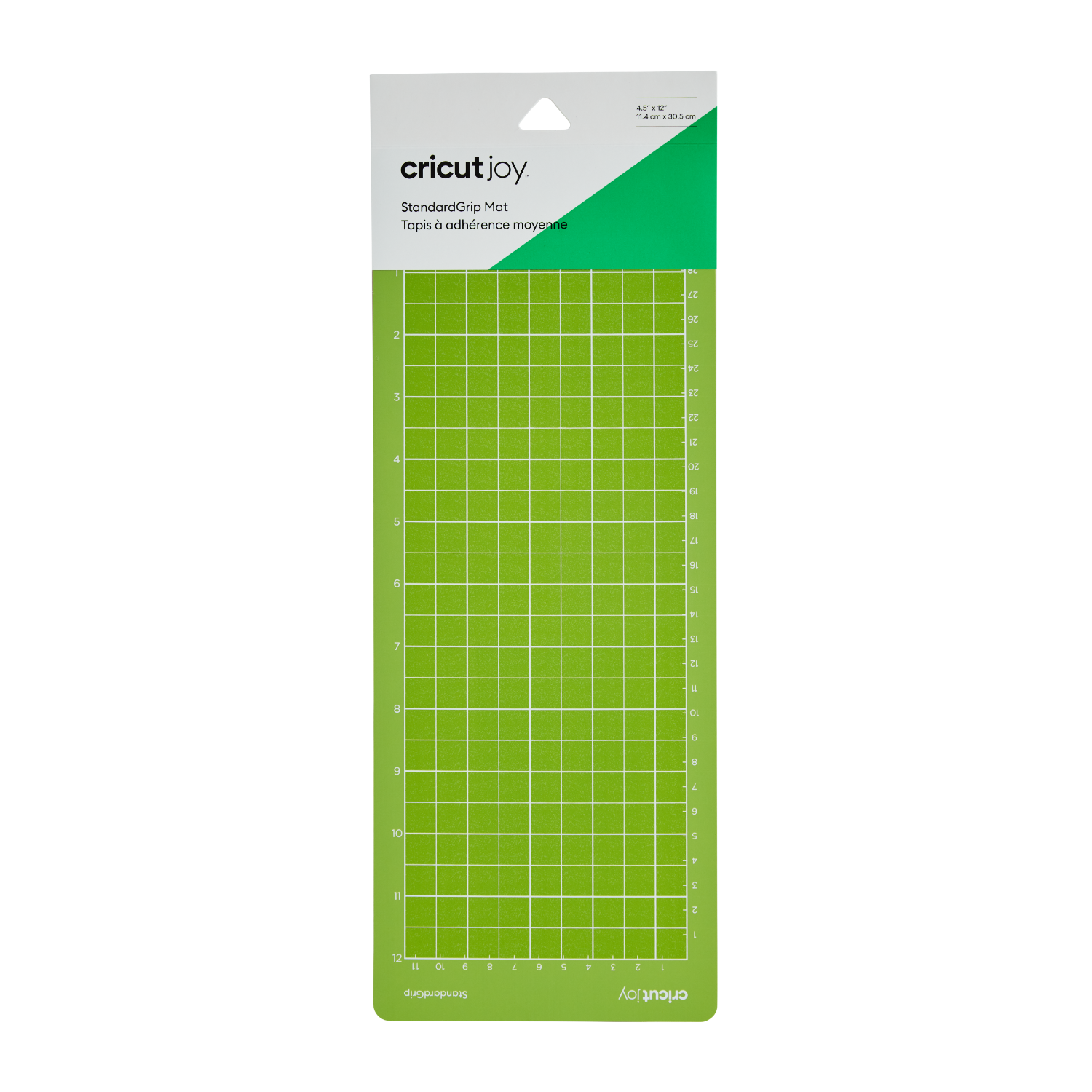 Groene snijmat met witte raster en afmetingen, zwarte bovenkant met logo.