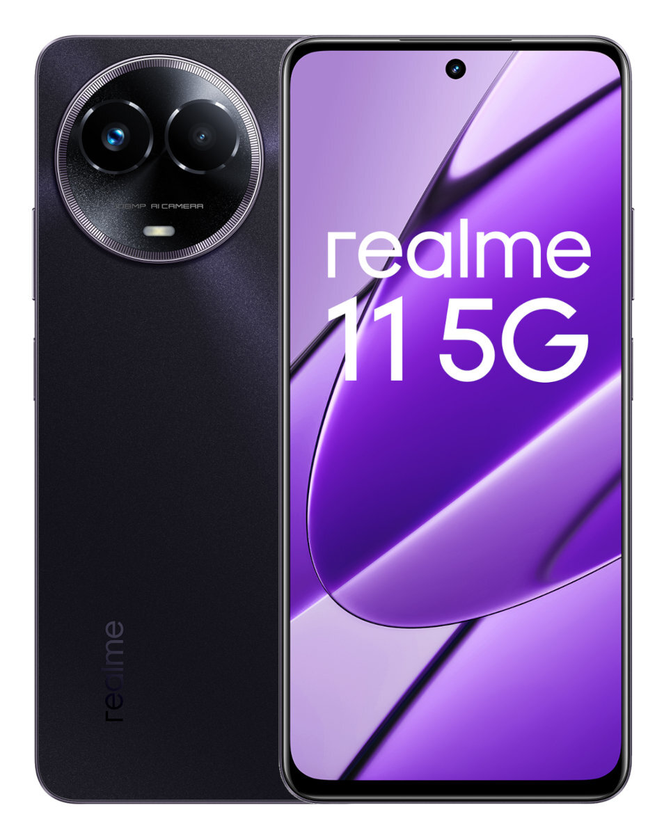 Czarny i fioletowy telefon Realme 11 5G, pokazujący tył i ekran, z konfiguracją podwójnego aparatu.