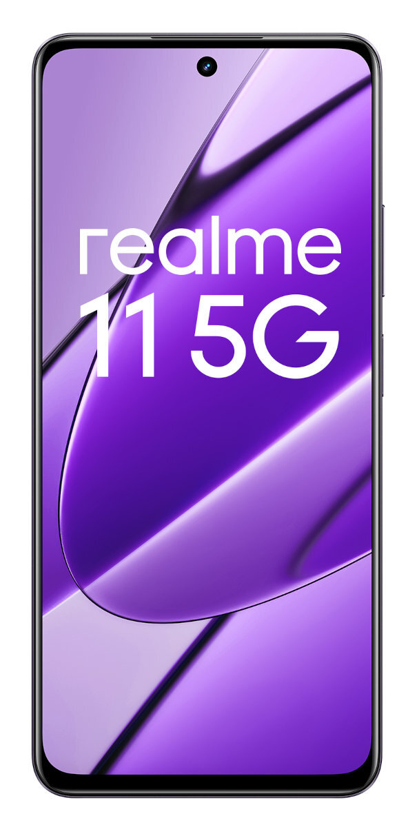 Smartfon Realme 11 5G z fioletowym tłem gradientowym.