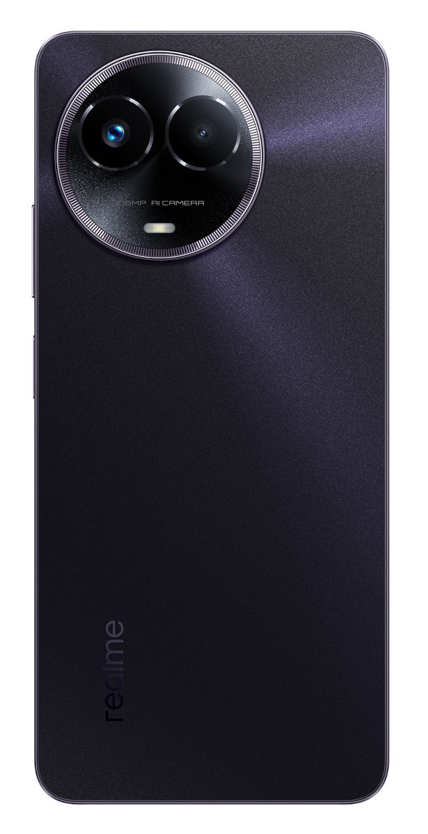 Tył fioletowego smartfona z podwójnym aparatem, obiektywem i napisem "realme".