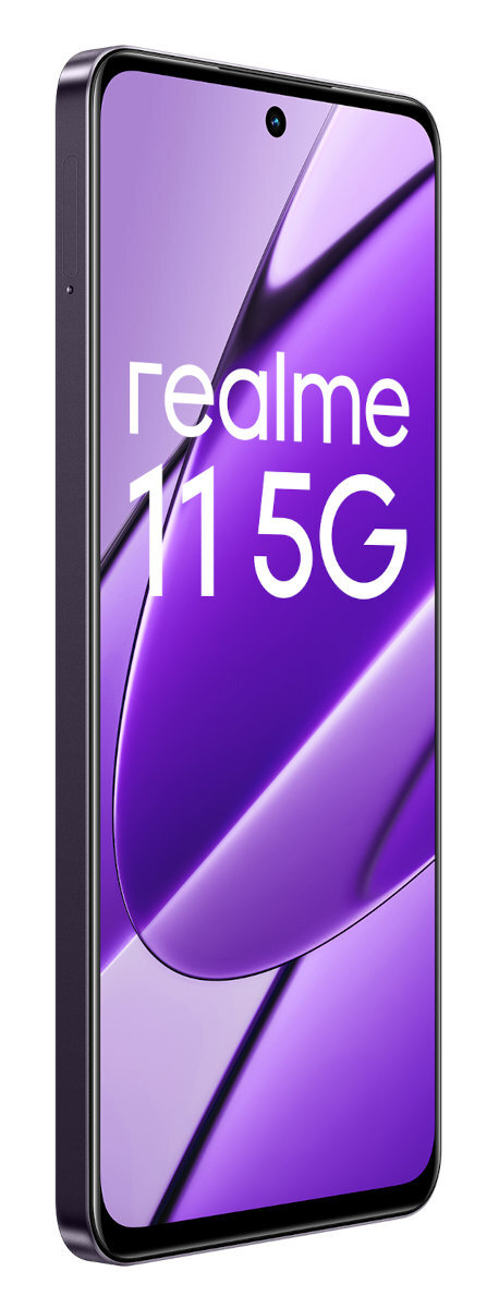 Telefon Realme 11 5G na białym tle, fioletowy gradient z tyłu, włączony ekran.