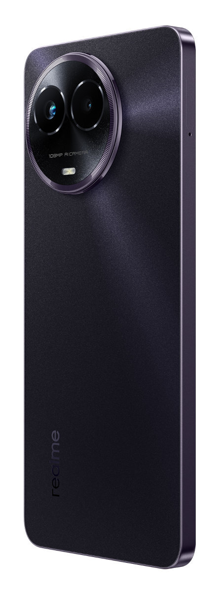 Fioletowy smartfon z modułem aparatu. Tył ma aparat i nazwę marki. Z boku znajduje się przycisk.