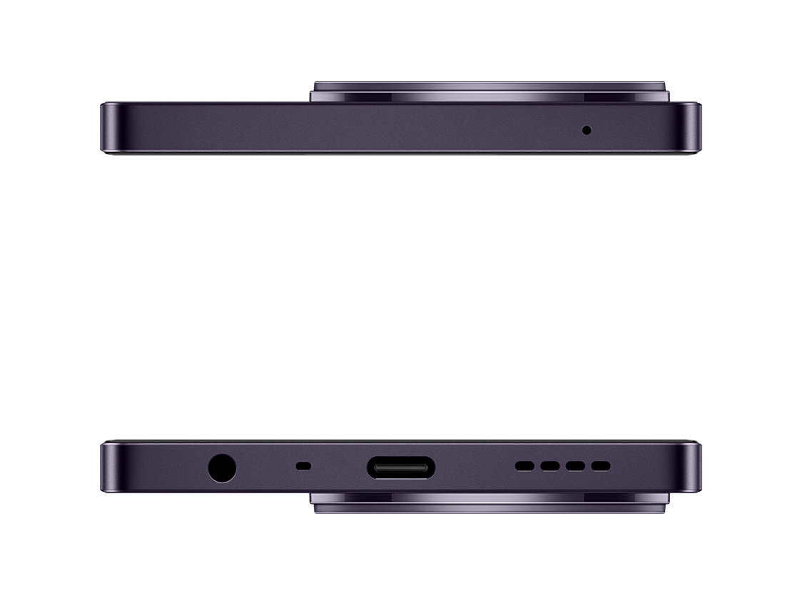 Dwa widoki fioletowego telefonu. Jeden pokazuje górę z mikrofonem. Drugi pokazuje dół z portami.