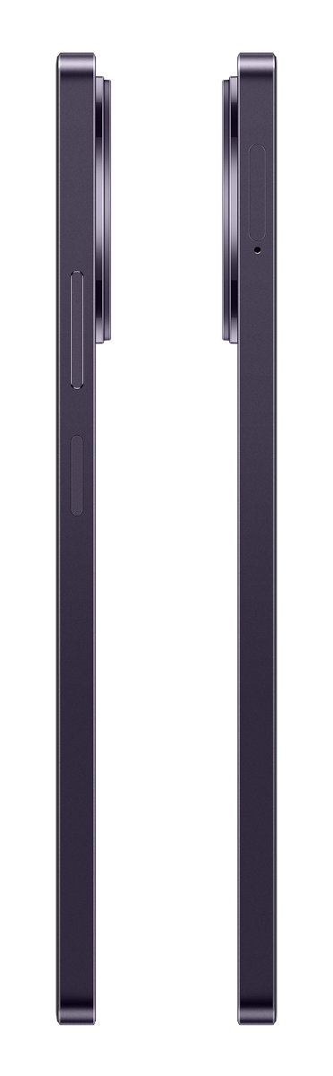 Dwa ciemnofioletowe telefony obok siebie. Widoczne przyciski zasilania i głośności.