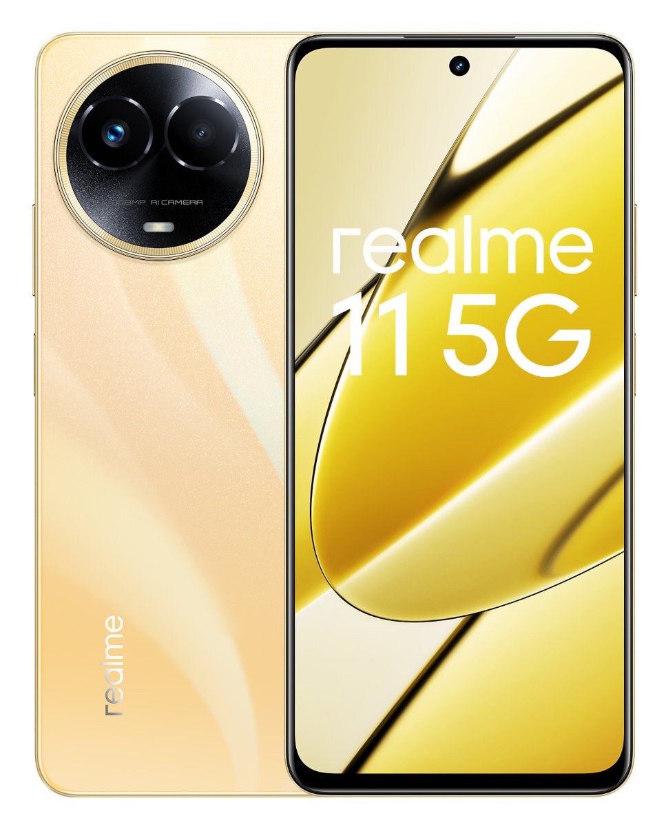Złoty smartfon Realme 11 5G pokazujący tył i ekran obok siebie.