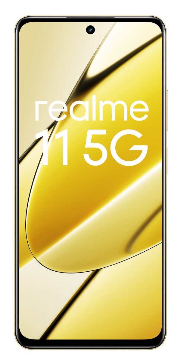 Złoty telefon z napisem 'realme 11 5G' na ekranie.