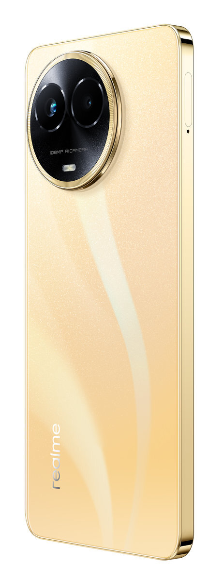 Złoty smartfon z czarnym aparatem i złotą ramką.