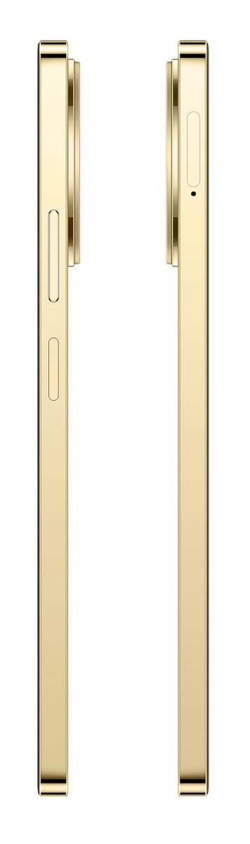 Pokazano dwie złote strony iPhone'a, jedną z przyciskami, a drugą z mikrofonem. Białe tło.