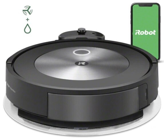 Czarny robot odkurzający i smartfon z logo iRobot.