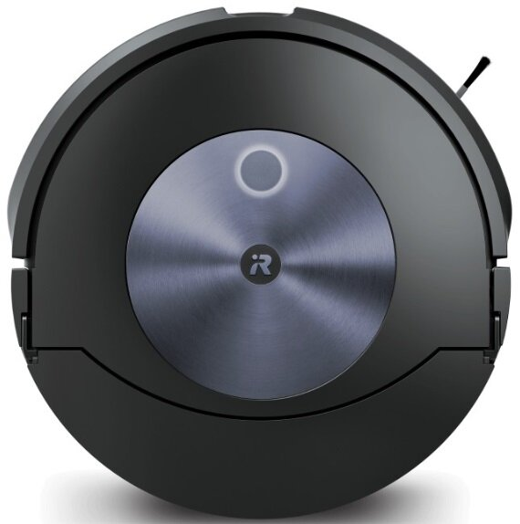 Czarny okrągły odkurzacz robot, widok z góry. Srebrny okrąg na górze.