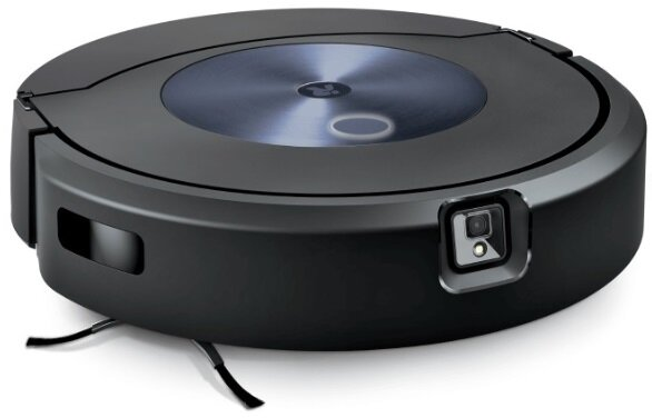 Czarny robot odkurzający. Posiada centralny ciemnoniebieski okrąg i kamerę boczną.