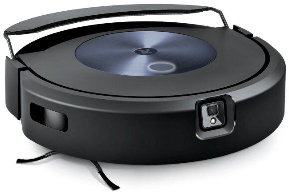 Czarny odkurzacz Roomba. Jest okrągły z kamerą i szczotkami. Na górze znajduje się niebieskie koło.