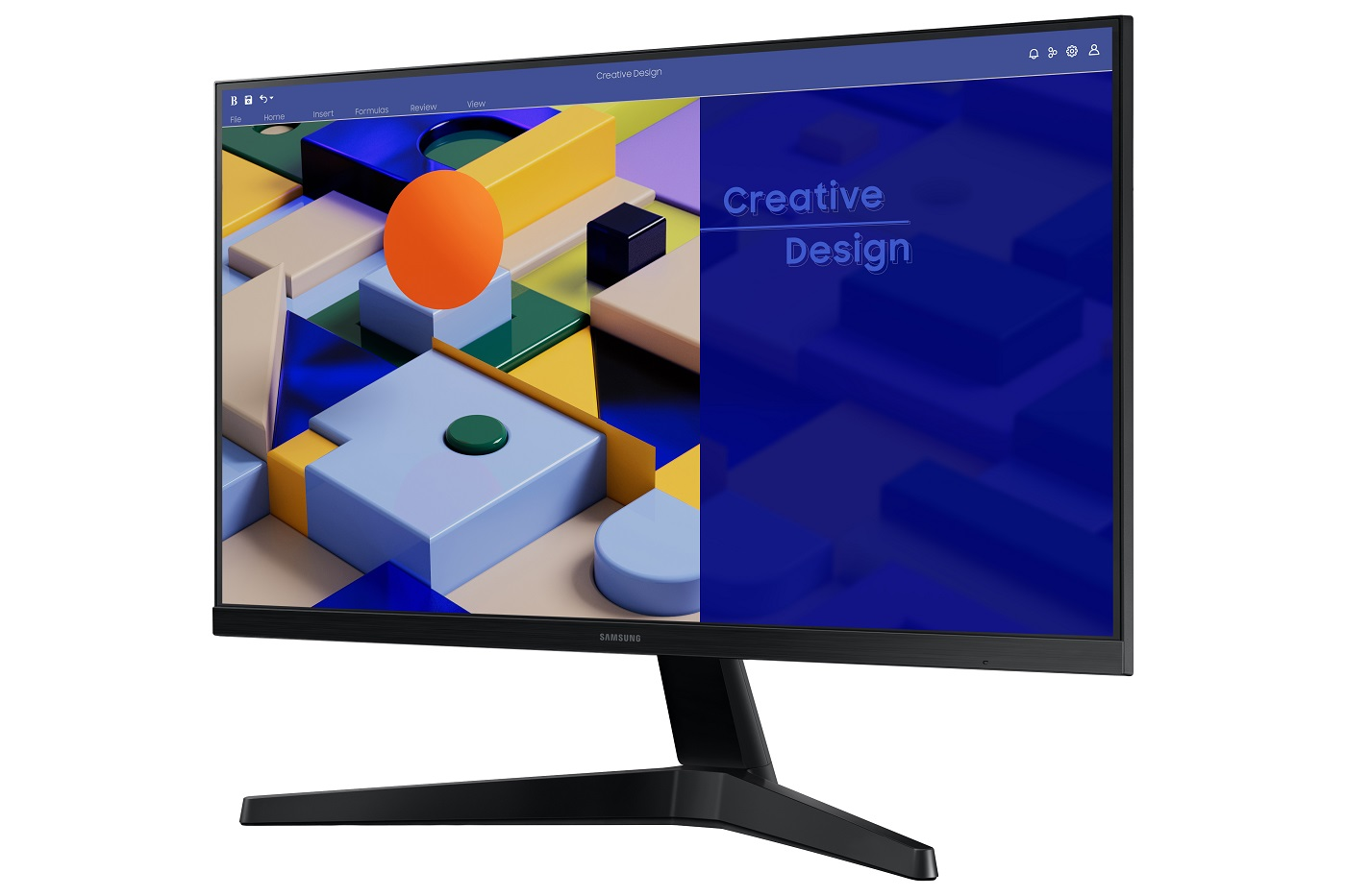 Siyah Samsung monitör, yaratıcı bir tasarım gösteriyor, turuncu bir daire ve ekranda farklı şekiller var.