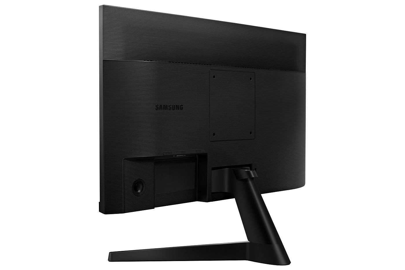 Siyah bilgisayar monitörü, arka görünüm, Samsung logosunu ve bağlantı noktalarını gösteriyor. Siyah stand takılı.