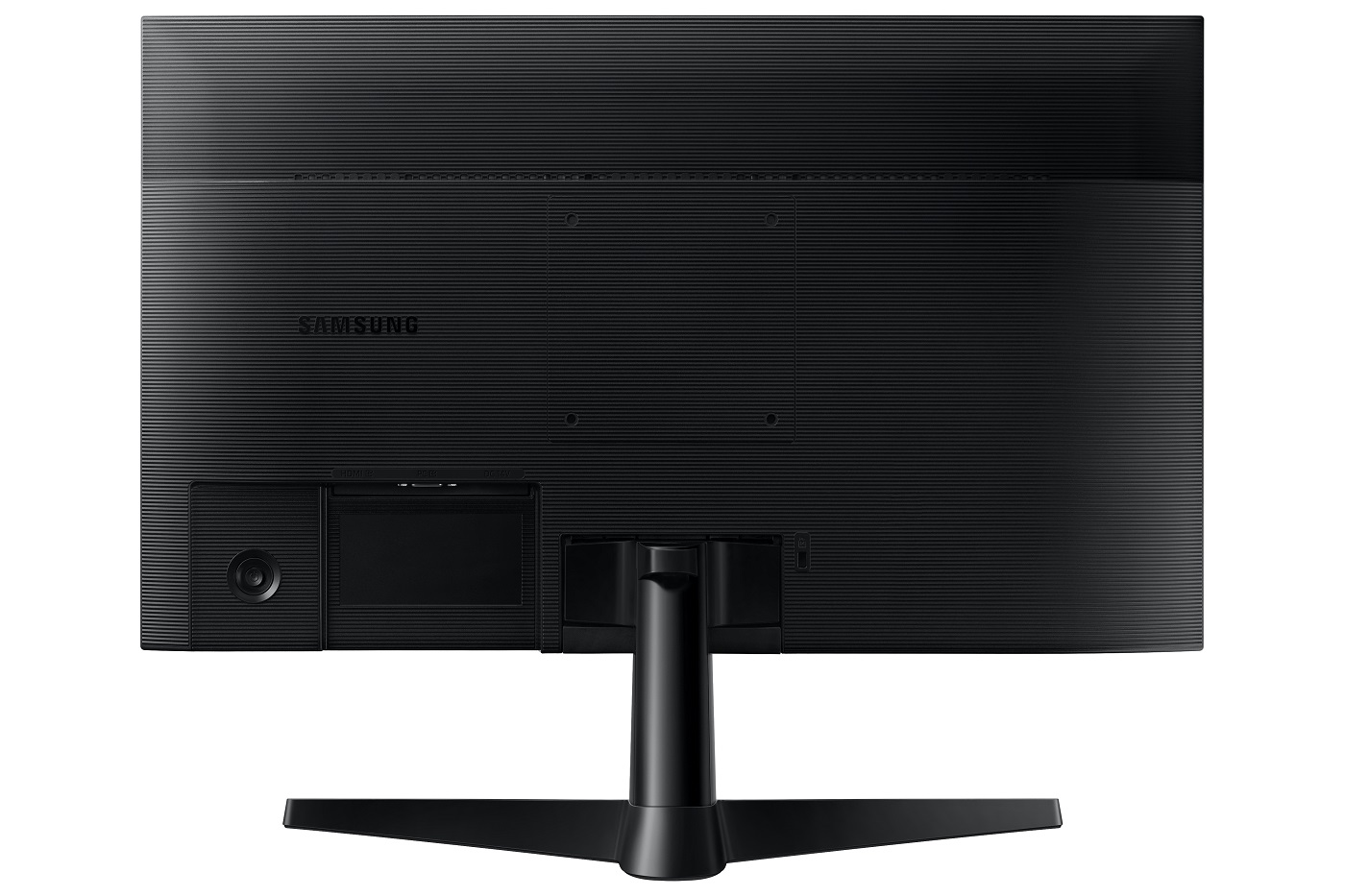 Siyah Samsung monitörün arkası, bağlantı noktalarını ve stand yuvasını gösteriyor. Samsung logosu görünür.