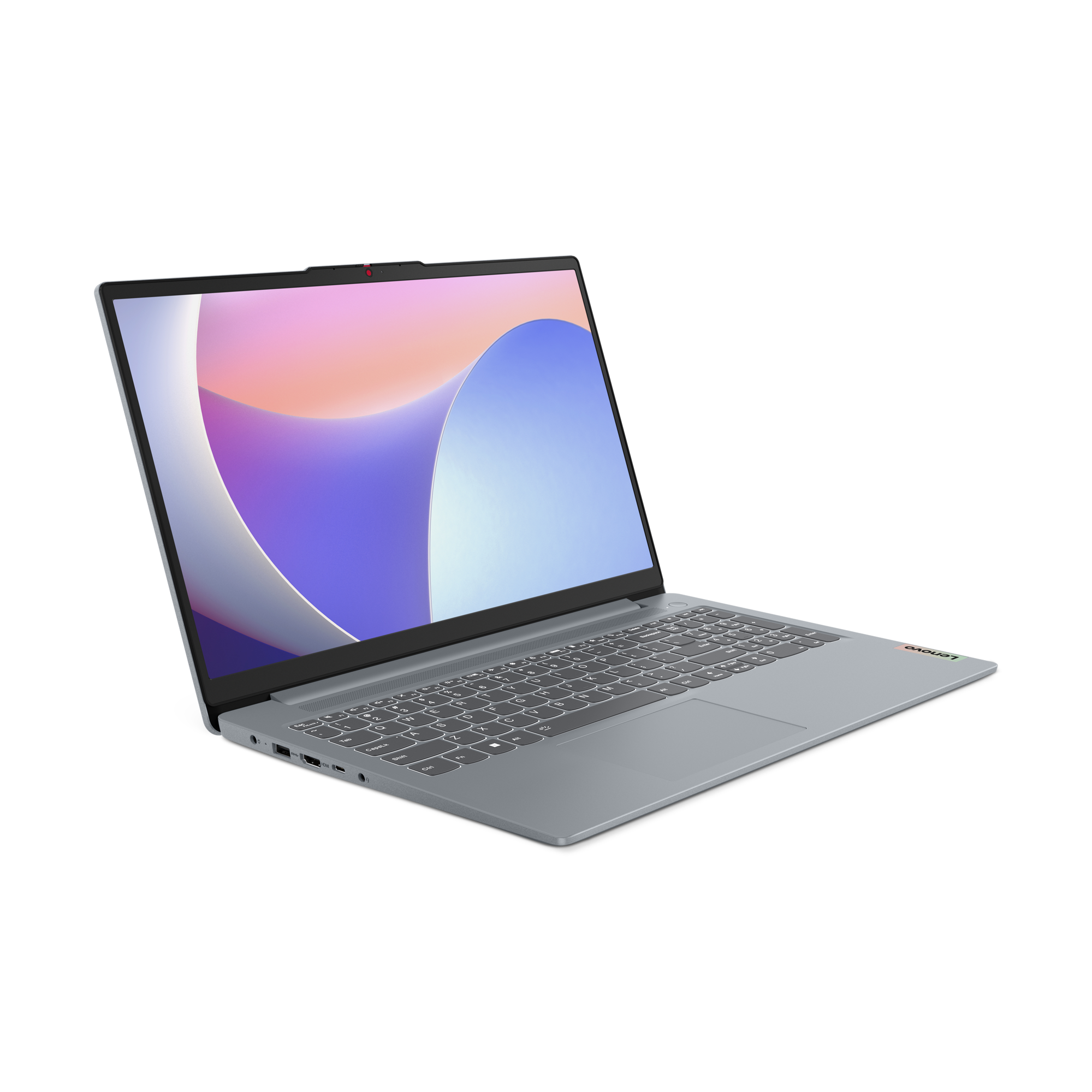 Gri bir Lenovo dizüstü bilgisayar siyah bir yüzeyde açık. Ekran, renkli bir duvar kağıdı görüntülüyor.