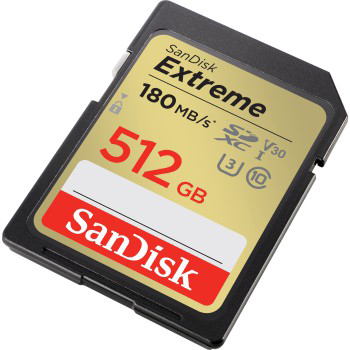 Sandisk Extreme SD card. Gold card with black border and text: Extreme, 512 GB, 180 MB/s.