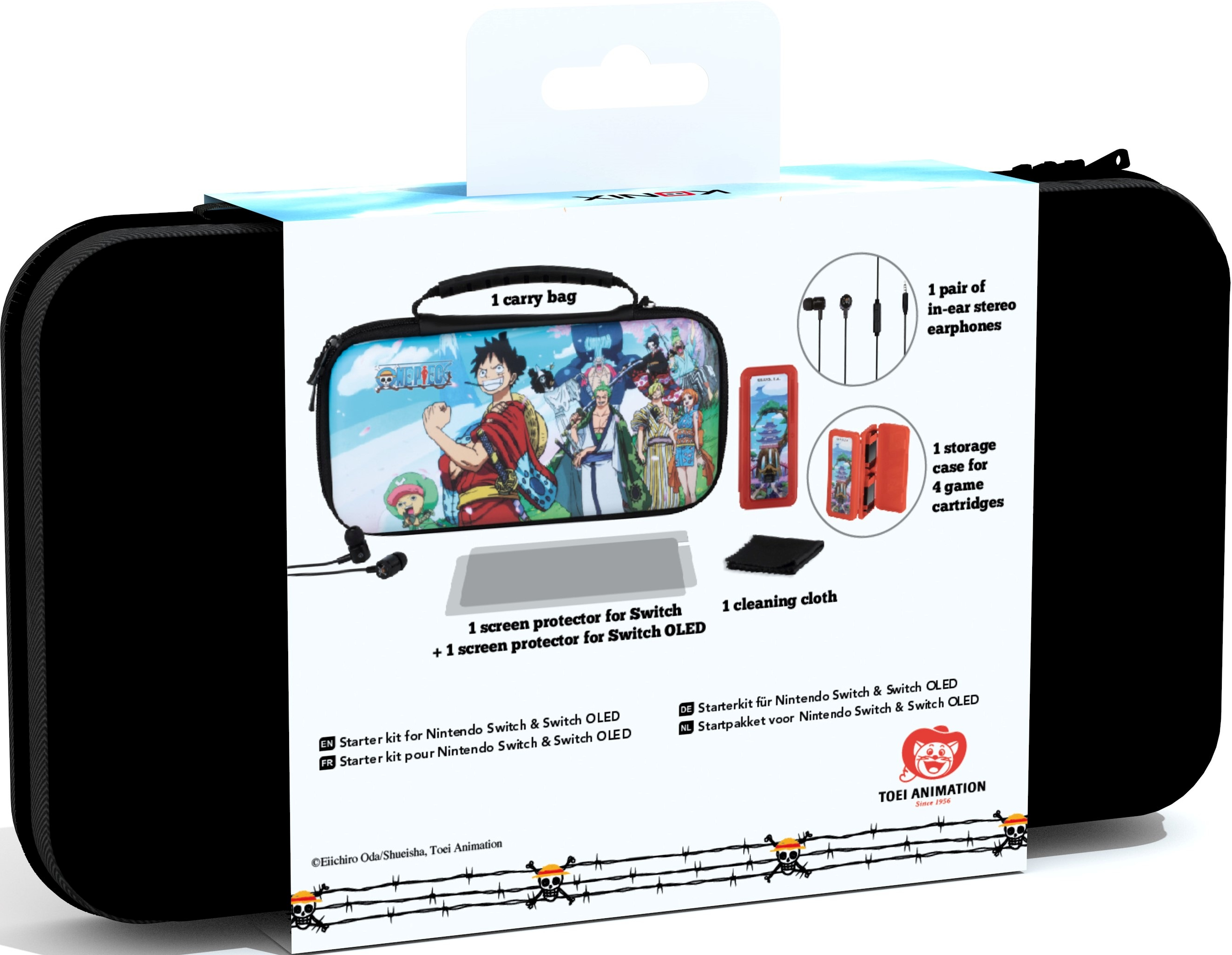 Eine schwarze Nintendo Switch Tragetasche mit Spielkassetten, Ohrhörern und Displayschutzfolien darin.