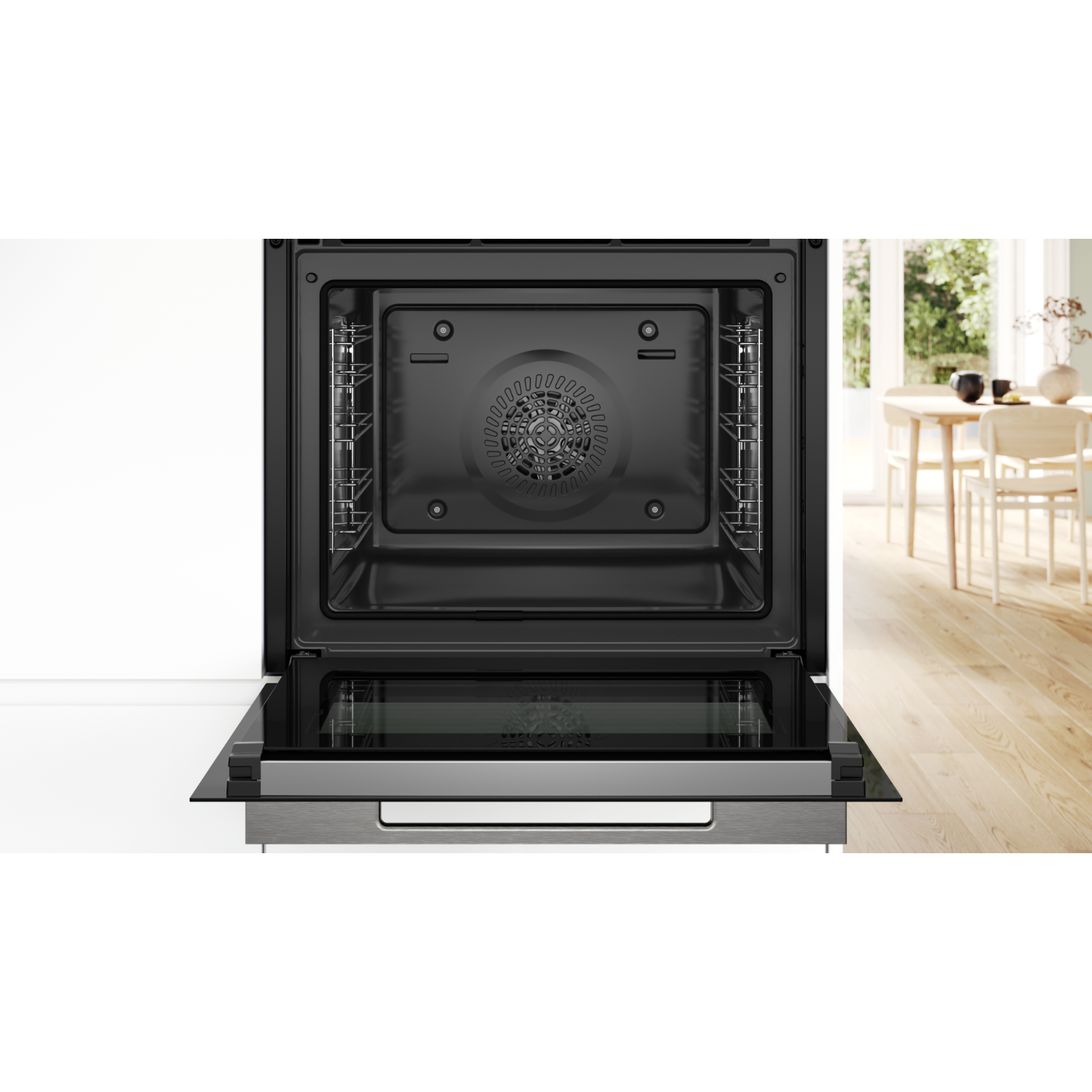 Oven met open deur, met de binnenkant en een glazen deur.