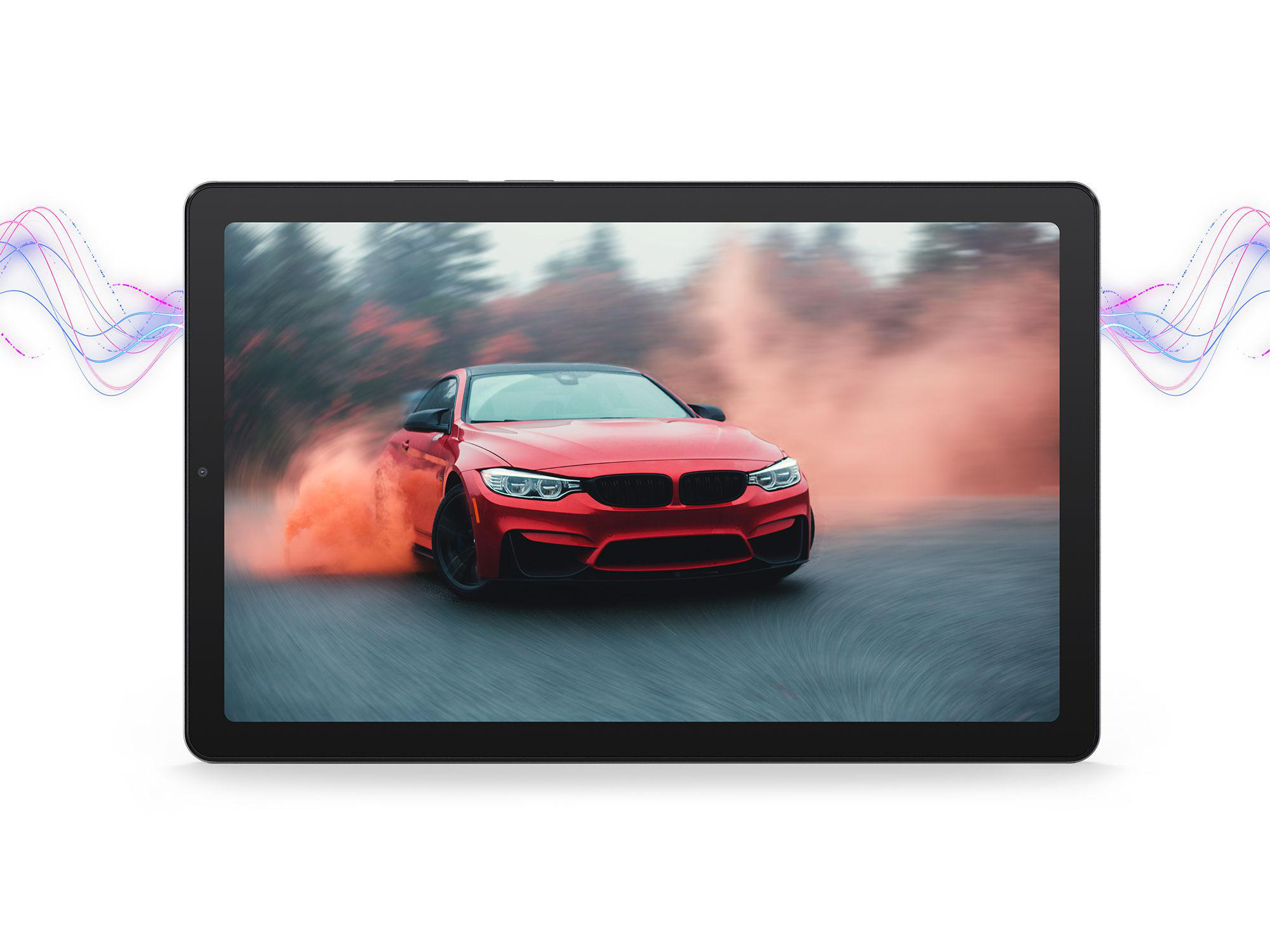 Tablet zeigt einen roten Sportwagen, der driftet und orangen Rauch erzeugt. Das Auto fährt auf einer grauen Straße.