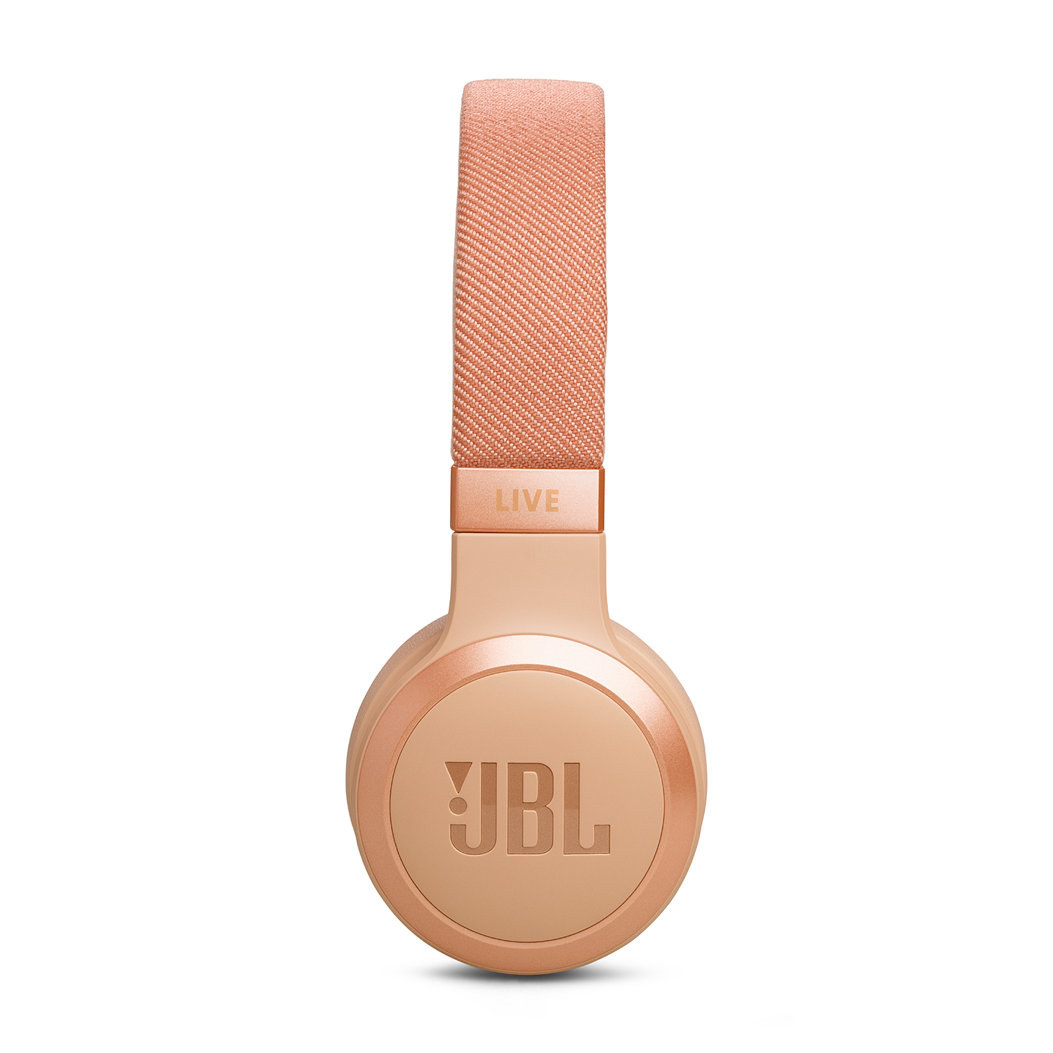 Cuffie JBL oro rosa, che mostrano i padiglioni e l'archetto su sfondo bianco.