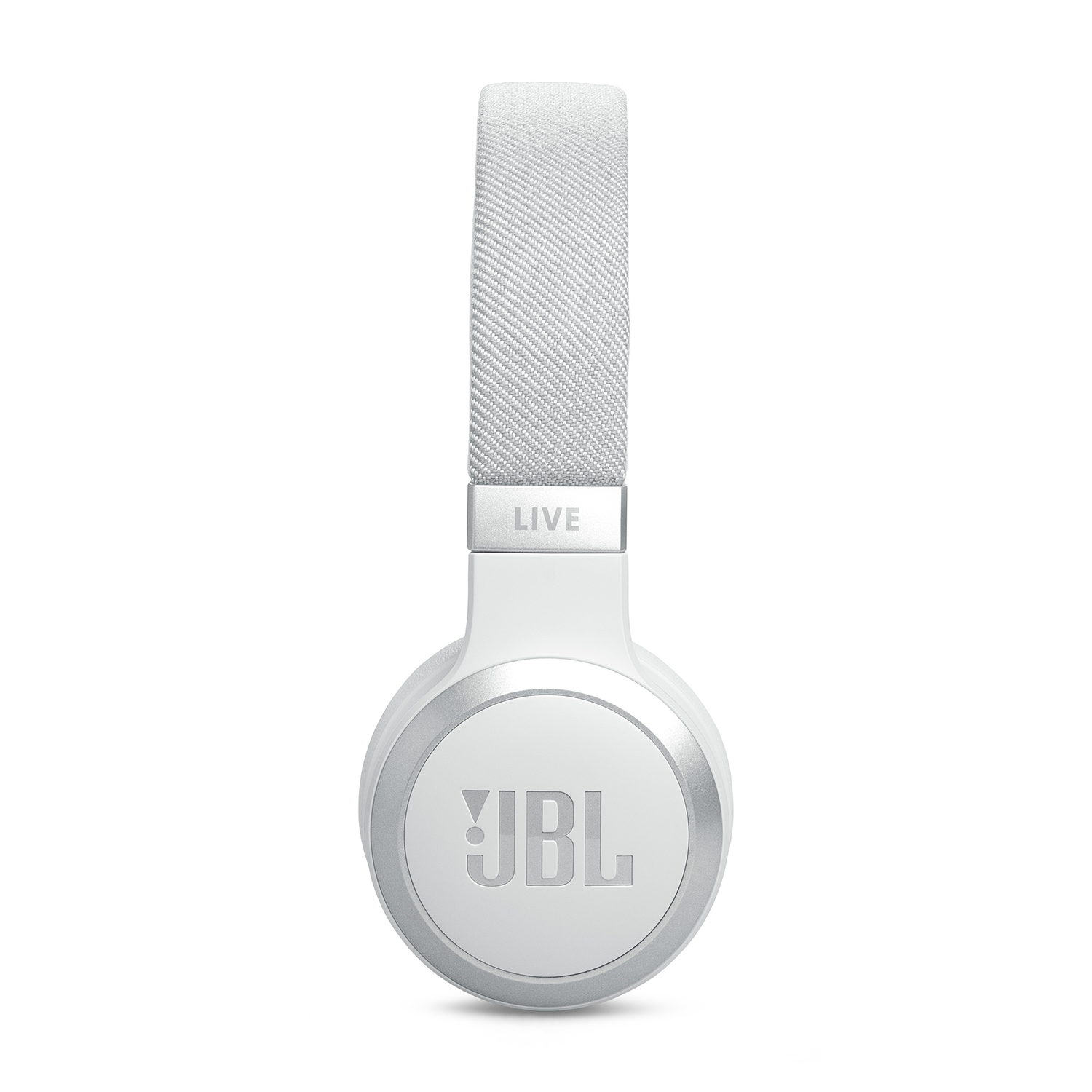 Cuffie JBL bianche con dettagli argento, 'LIVE' sulla fascia e logo JBL.