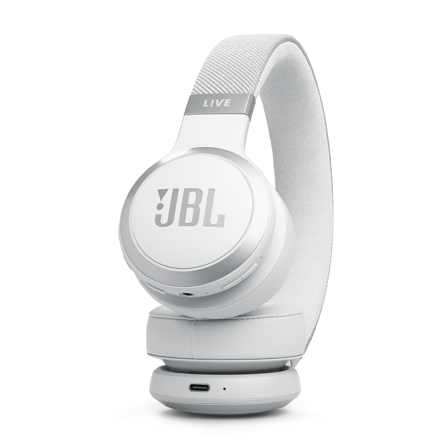 Cuffie JBL bianche. L'archetto è bianco e i padiglioni argentati.