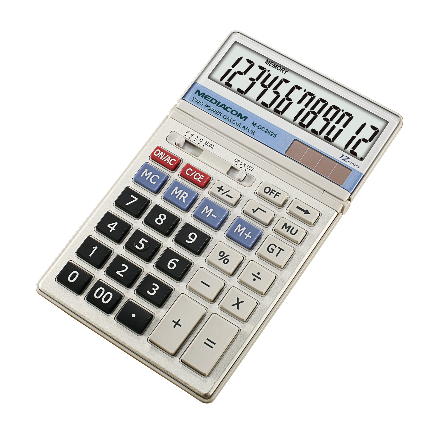 Calcolatrice argentata con tasti bianchi e neri, che mostra numeri. Il display mostra 123456789012.