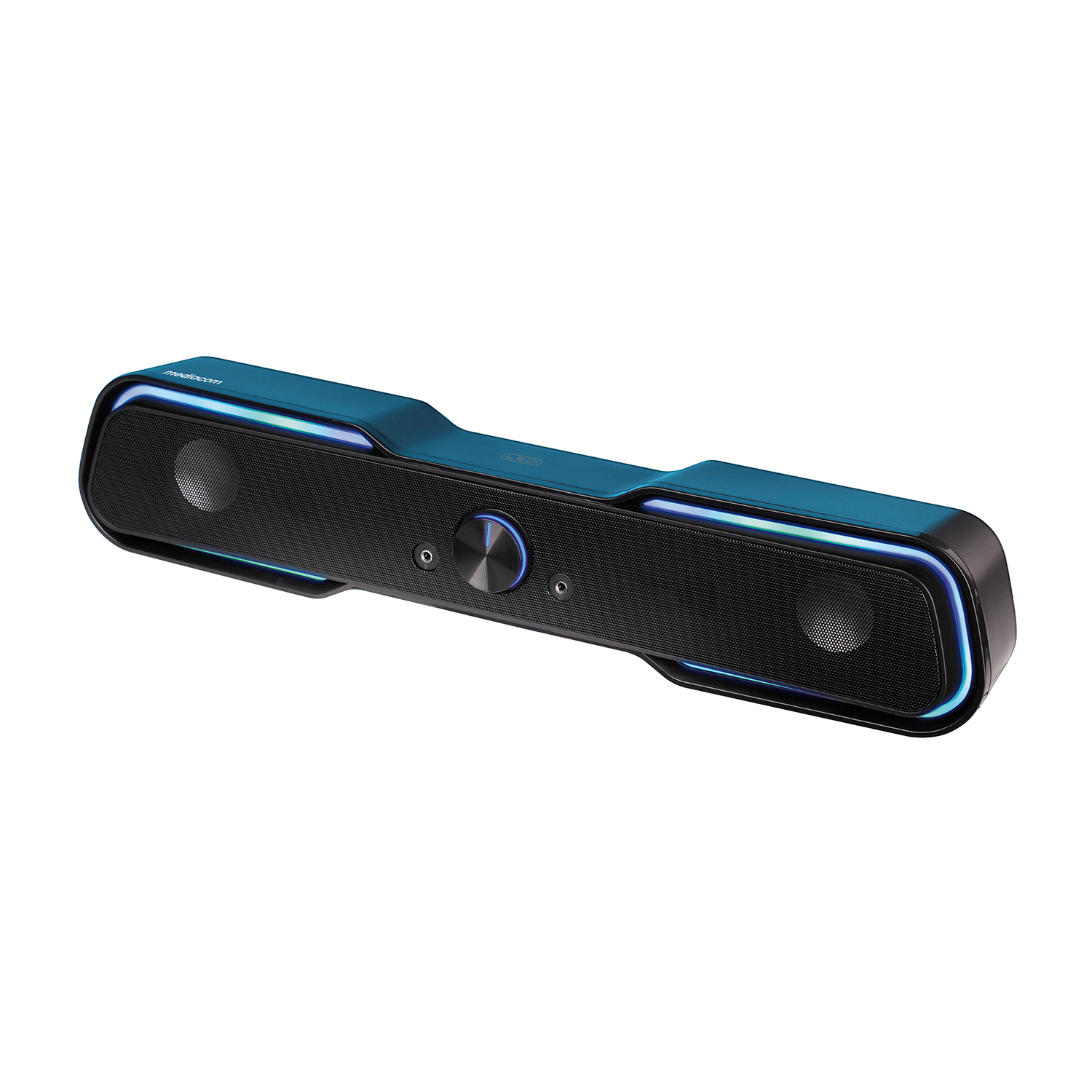 Altoparlante soundbar blu con mesh nero. Due altoparlanti visibili, con luci.