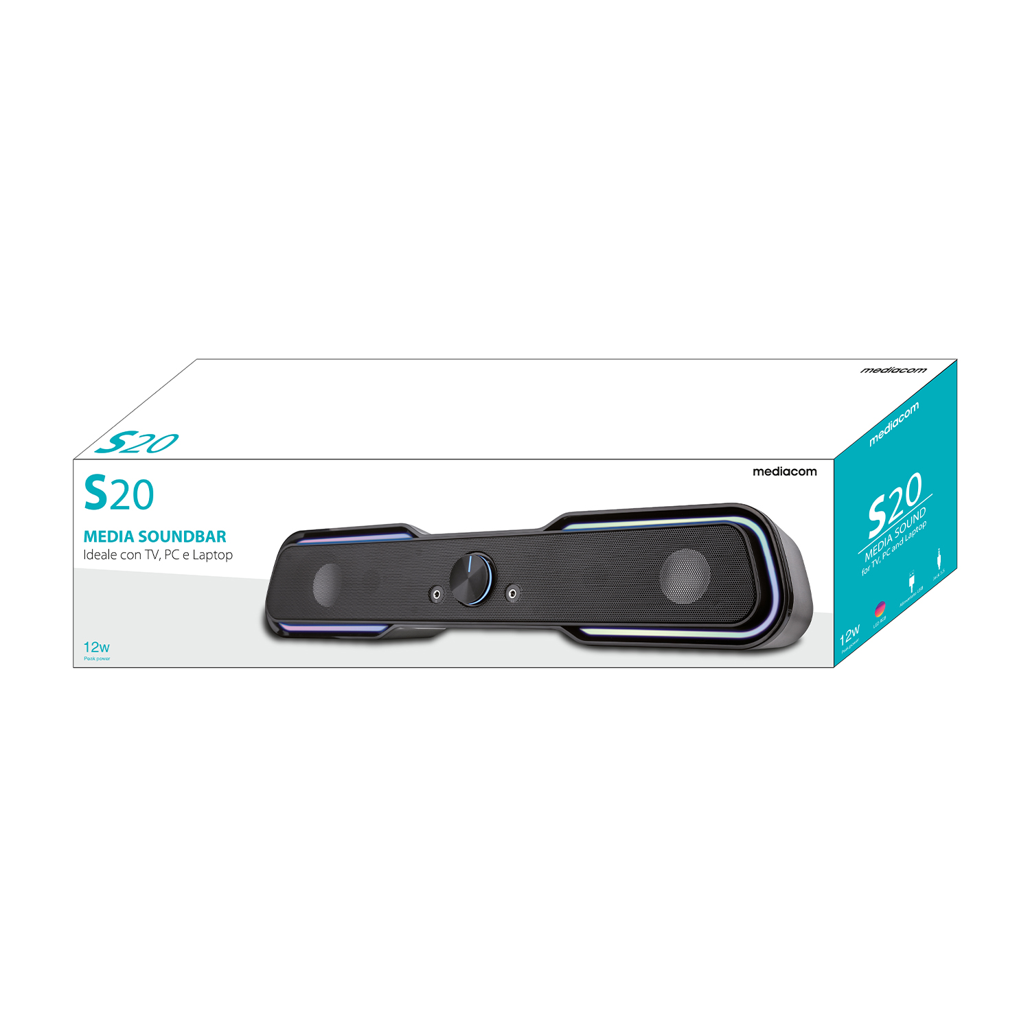 Soundbar in una scatola con il marchio sulla scatola.