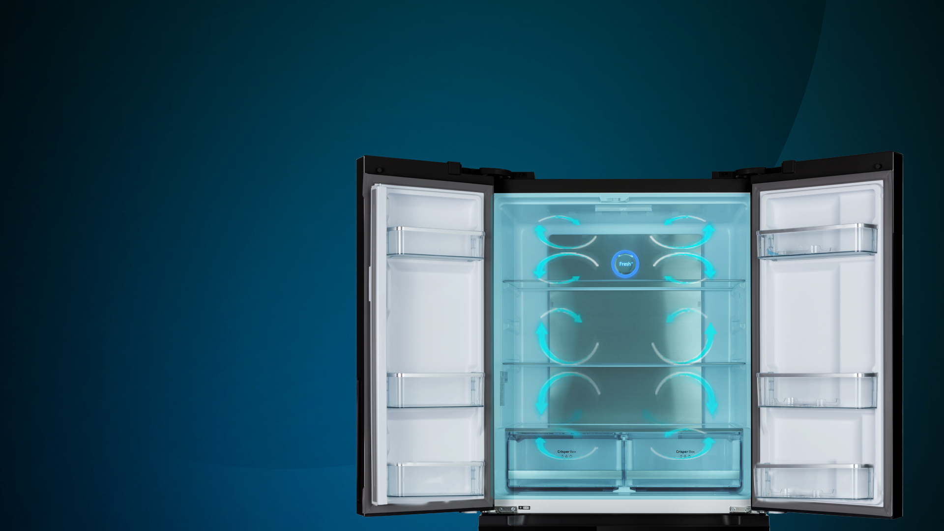 Un refrigerador abierto que muestra el interior con estantes, cajones y el sistema de aire fresco en el medio.