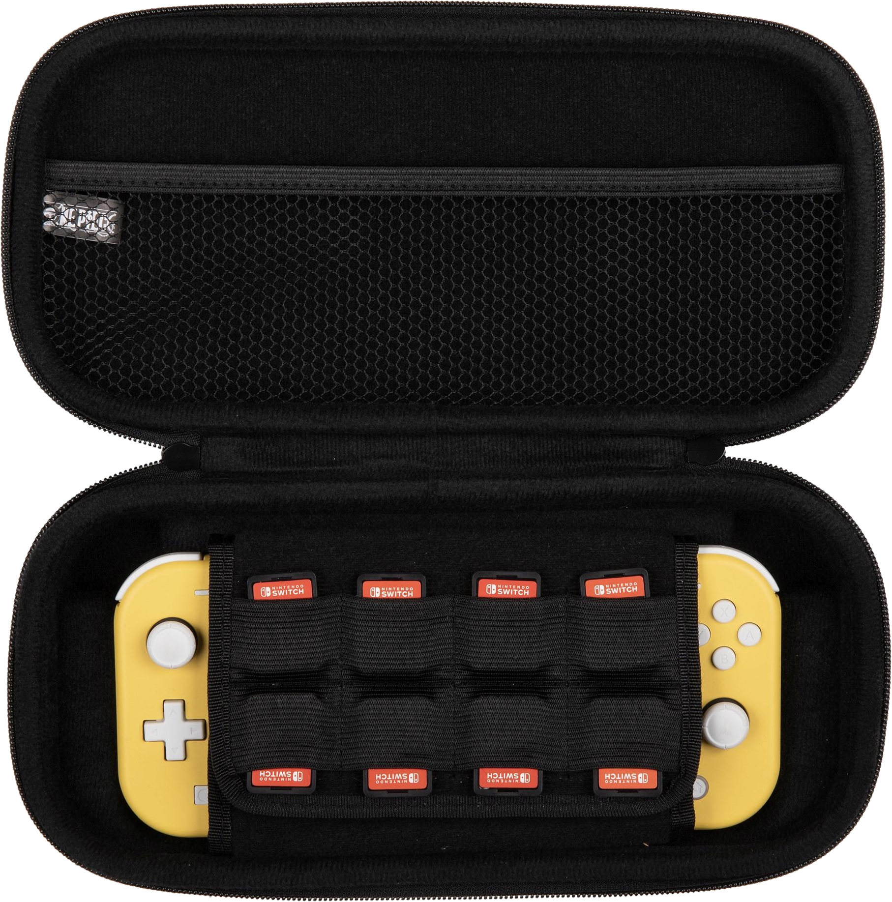 Custodia nera aperta con console di gioco gialla e cartucce.