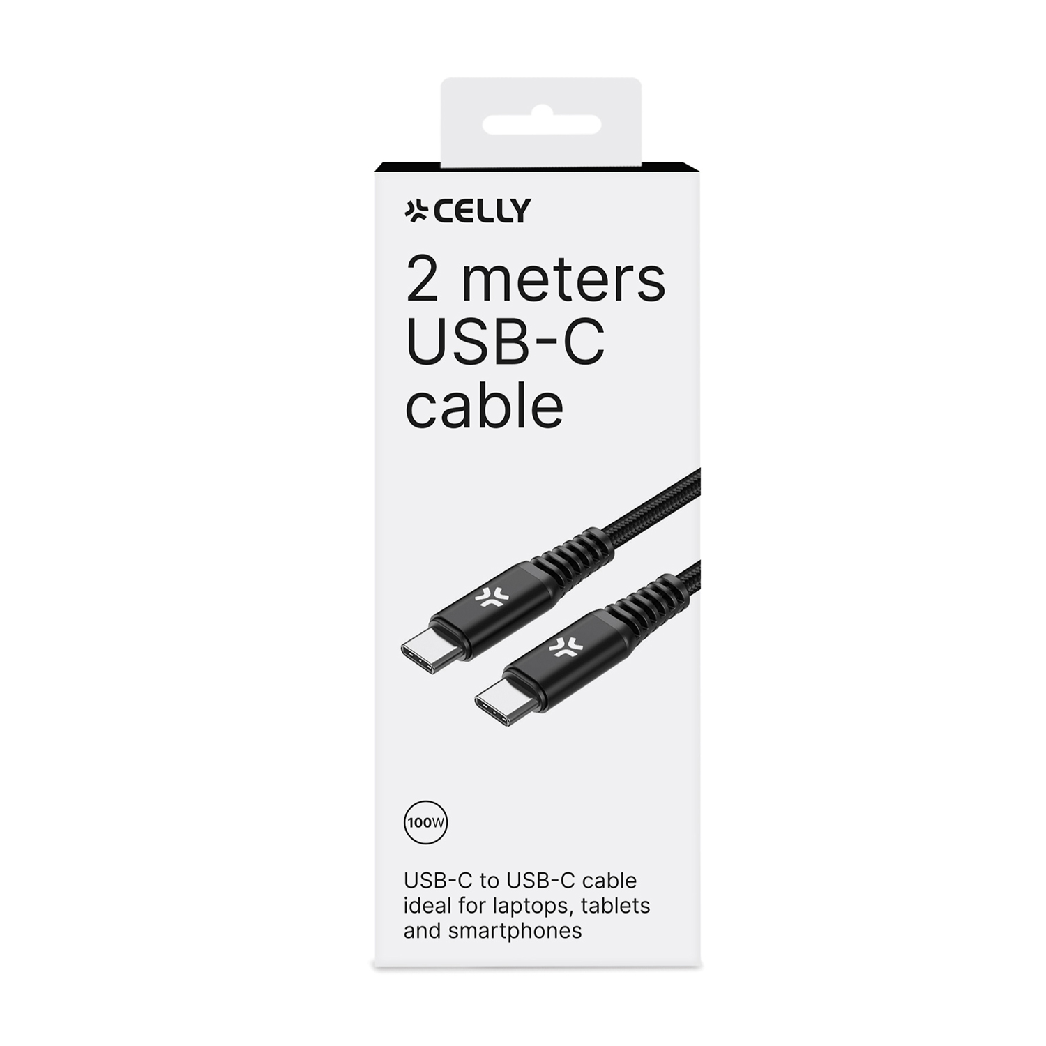 Un pacchetto di cavo USB-C bianco e nero. Il cavo è nero e ha connettori USB-C.