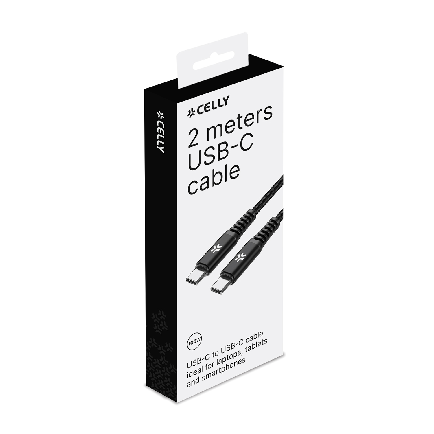 Una scatola di cavi USB-C in bianco e nero. Testo: Cavo USB-C da 2 metri. Ideale per laptop e smartphone.