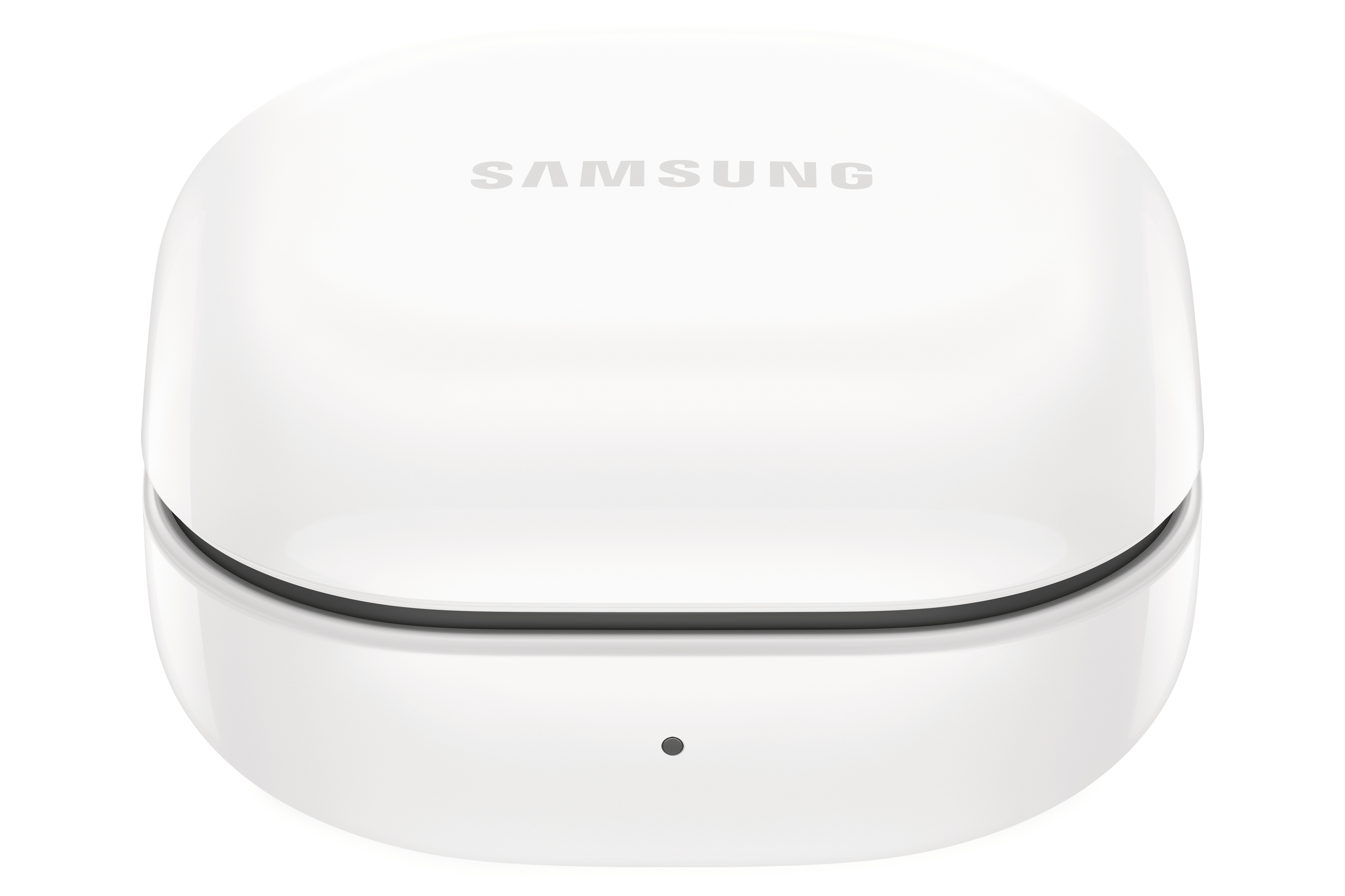 Weißes, abgerundetes Ladecase für Ohrhörer, mit dem Samsung-Logo oben.