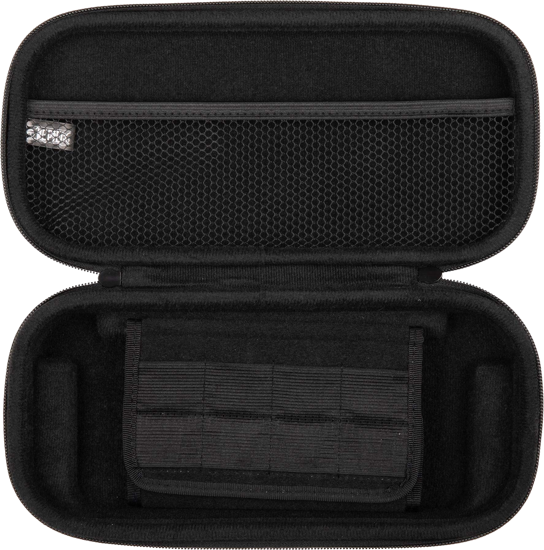 Schwarze, geöffnete Hülle mit Netztasche und Schlaufen für Zubehör.