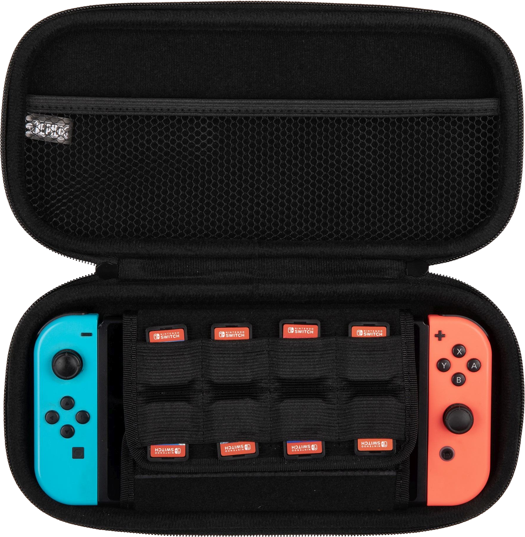Geöffnete schwarze Tragetasche mit Switch-Konsole, Spielkassetten und Controllern.