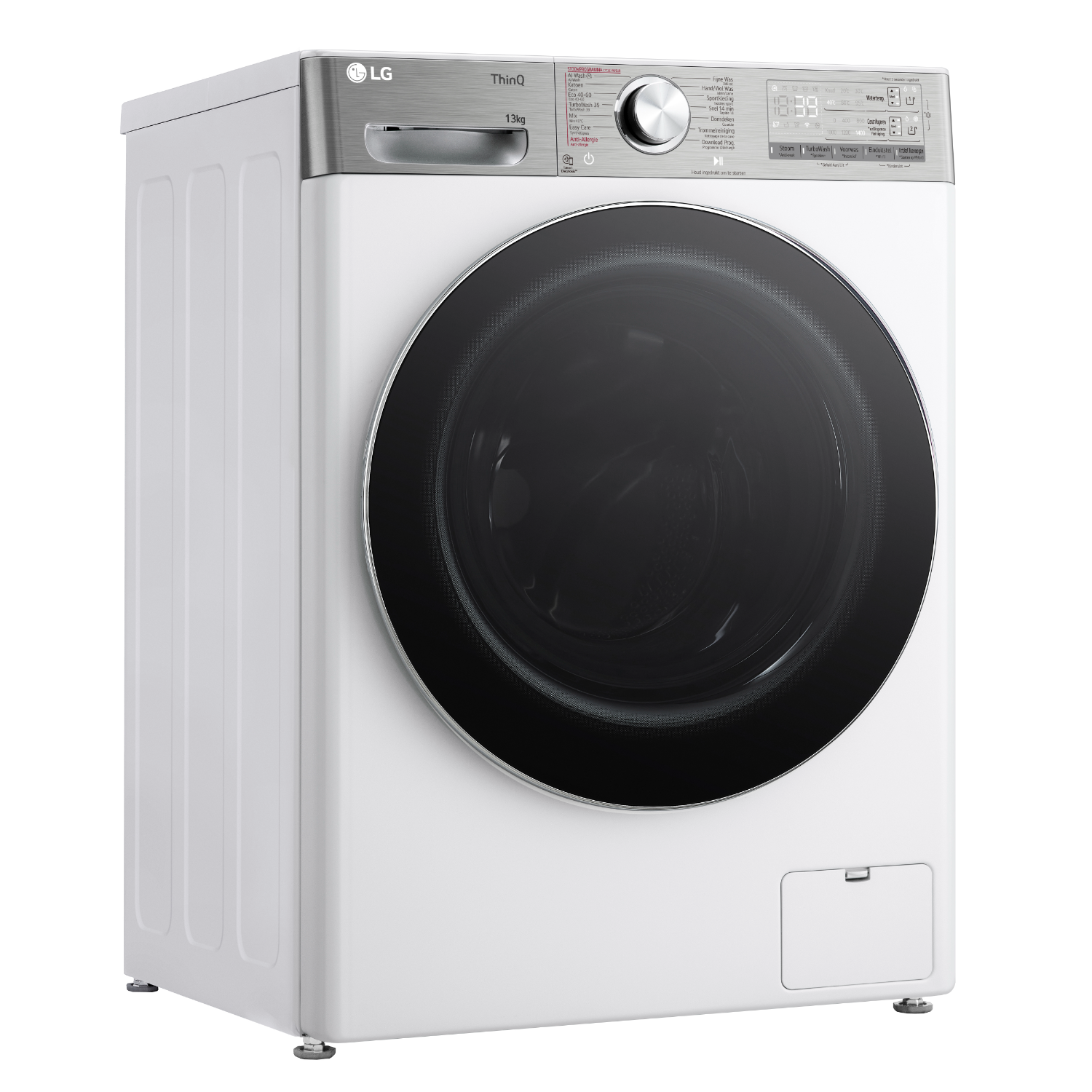 A white LG Thin Q washing machine with a black door and chrome accents, on a white background.