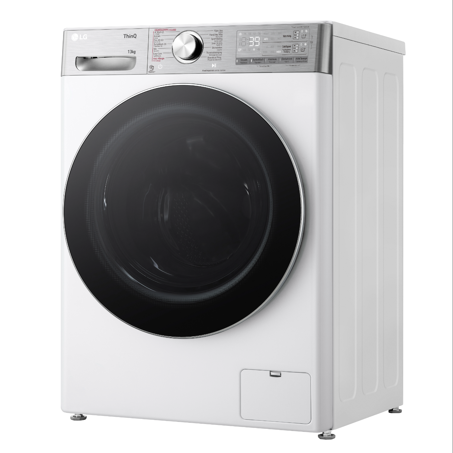 White washing machine, angled view, with control panel and door.